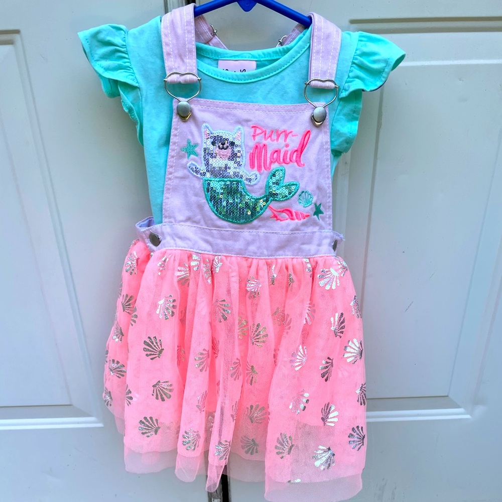Little Lass, Teal & Coral, Overall Dress, Size 3T